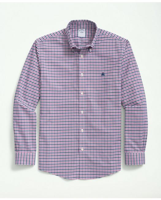 Brooks Brothers Men's Big & Tall Stretch Cotton Non-Iron Oxford Polo Button-Down Collar Gingham Shirt Purple